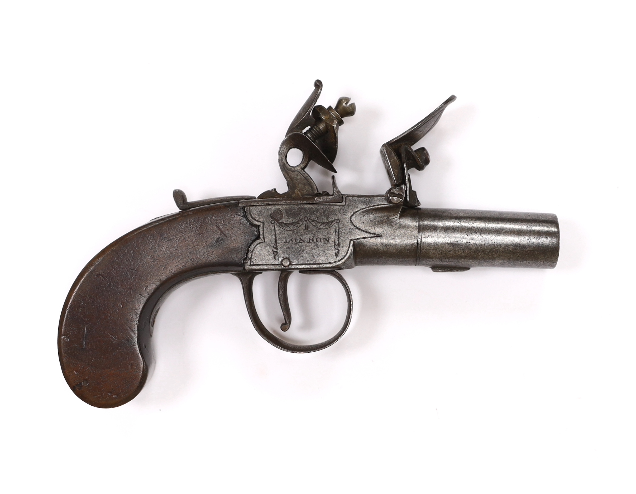 A small boxlock flintlock pistol by Perkins of London, with turn-off barrel, frame signed by the maker, with walnut slab grip, barrel 4.5cm